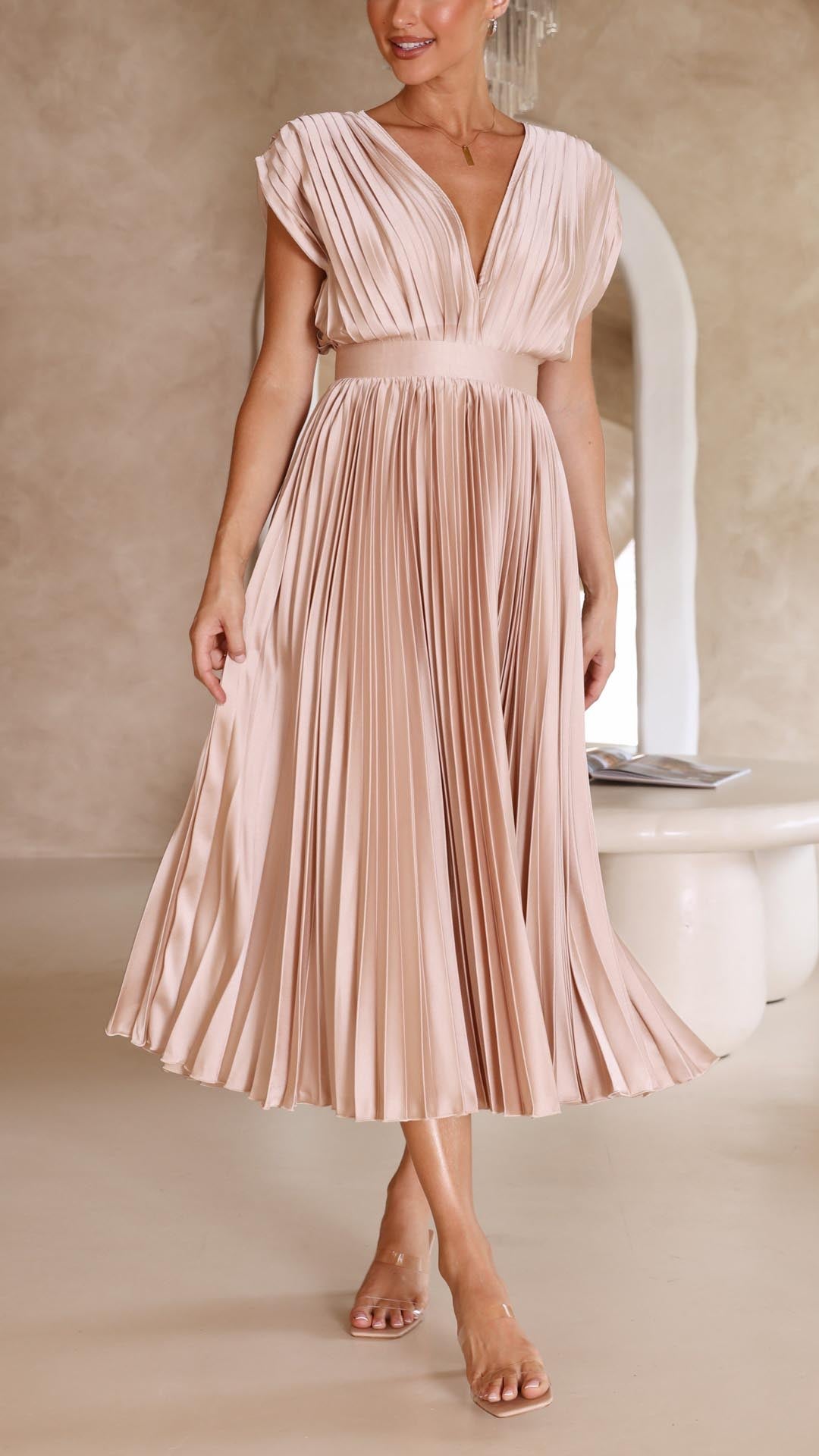 Amelisse – Pleated grace – V-neck midi dress-15151287763328-Santi Vento Atelier