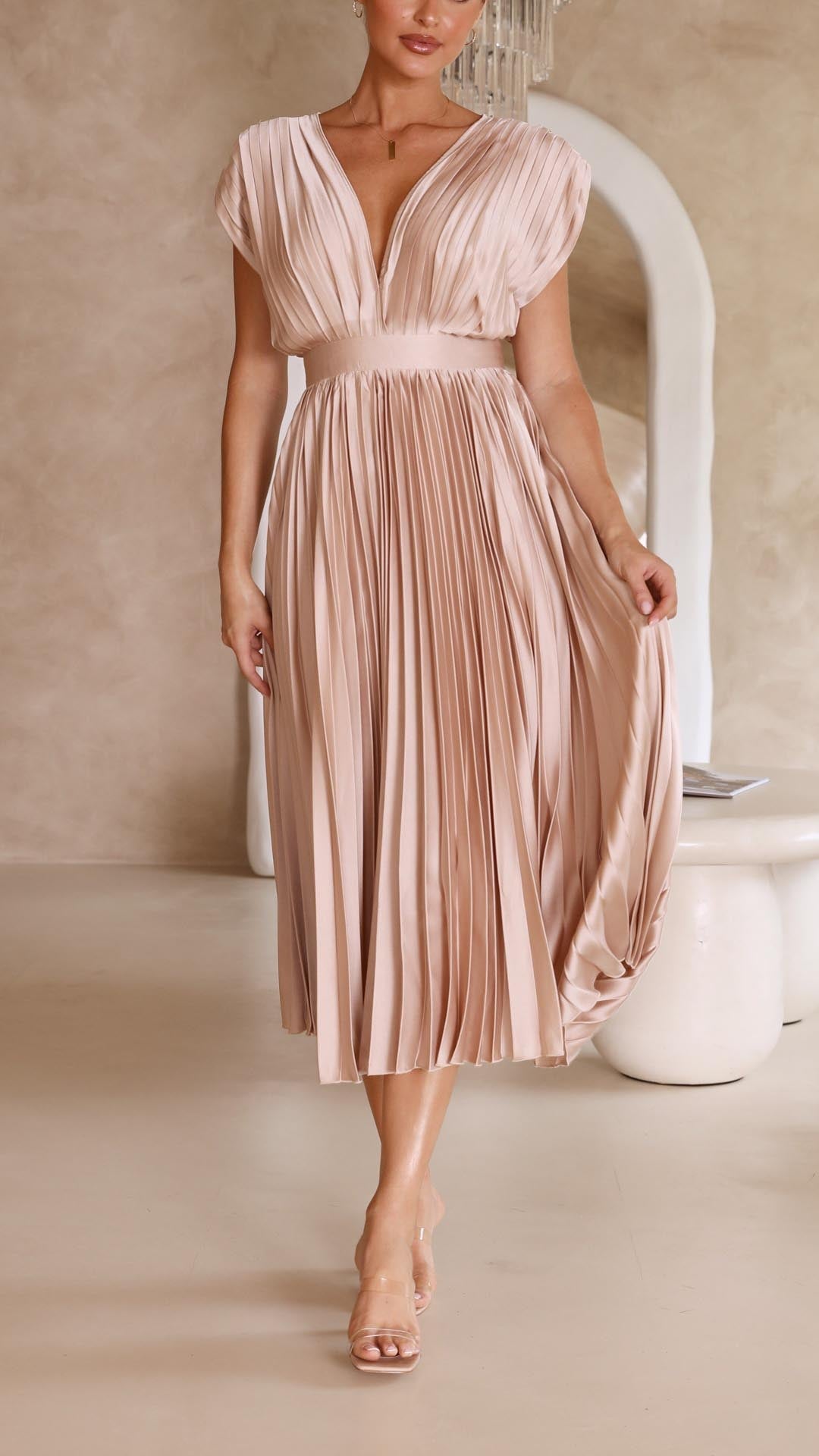 Amelisse – Pleated grace – V-neck midi dress-15151287763328-Santi Vento Atelier