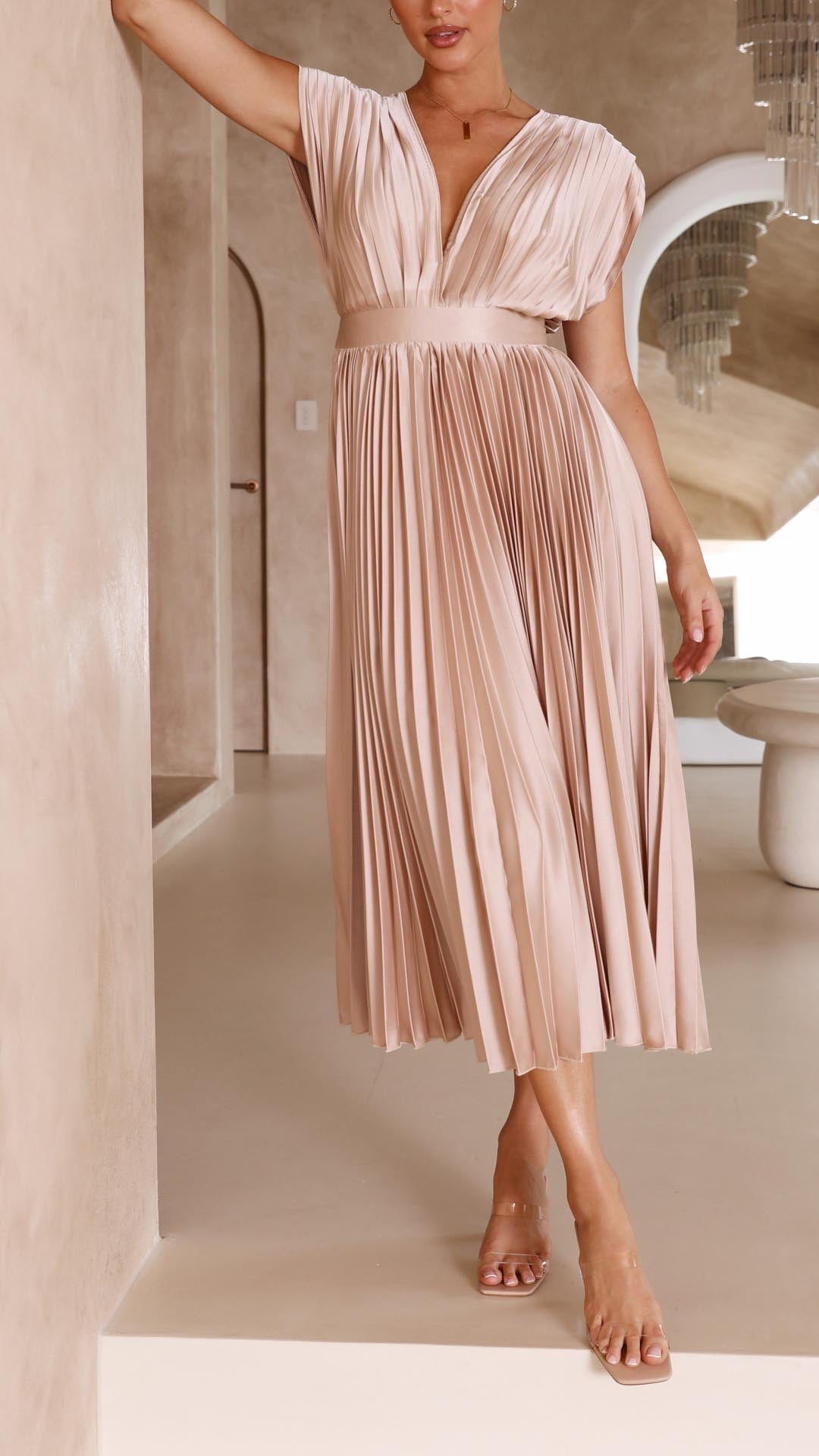 Amelisse – Pleated grace – V-neck midi dress-15151287763328-Santi Vento Atelier