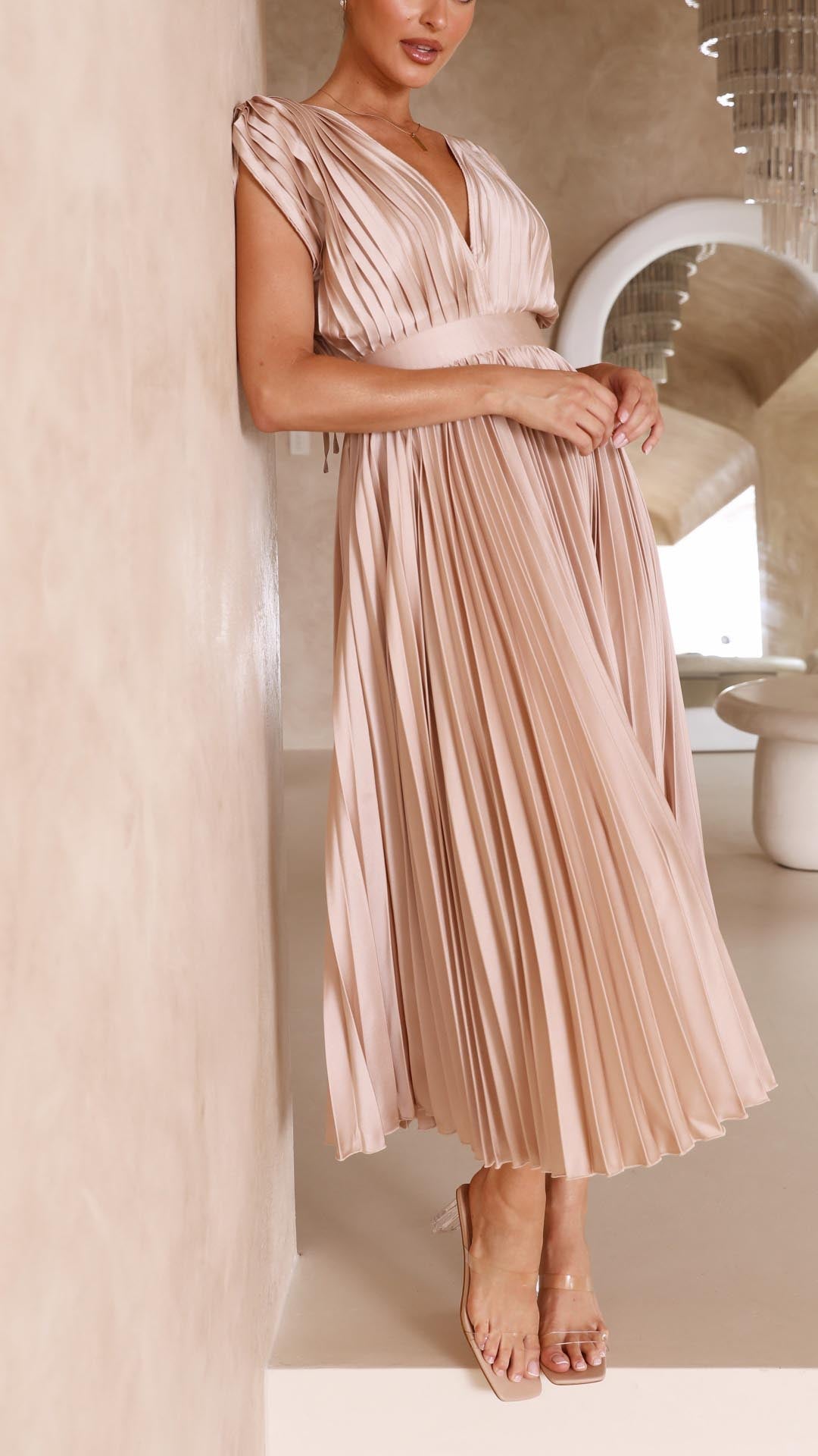 Amelisse – Pleated grace – V-neck midi dress-15151287763328-Santi Vento Atelier