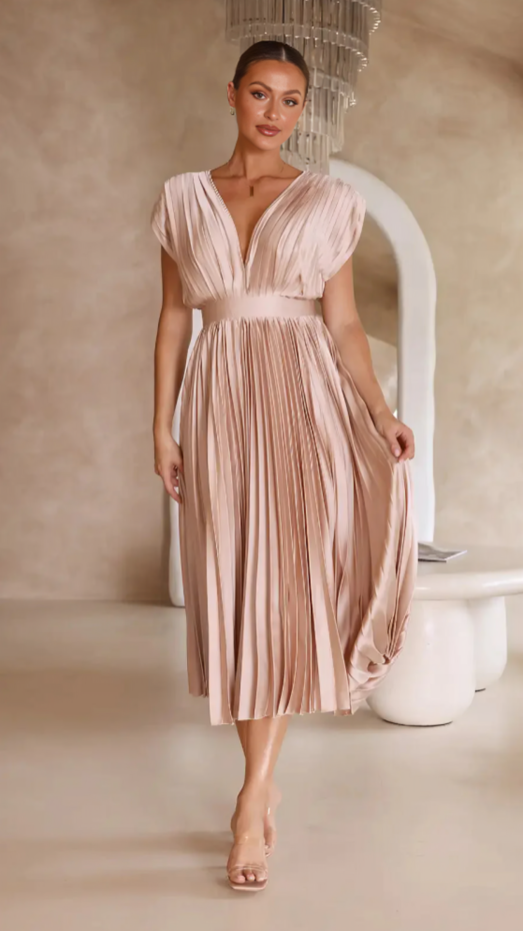 Amelisse – Pleated grace – V-neck midi dress-15151287763328-Santi Vento Atelier