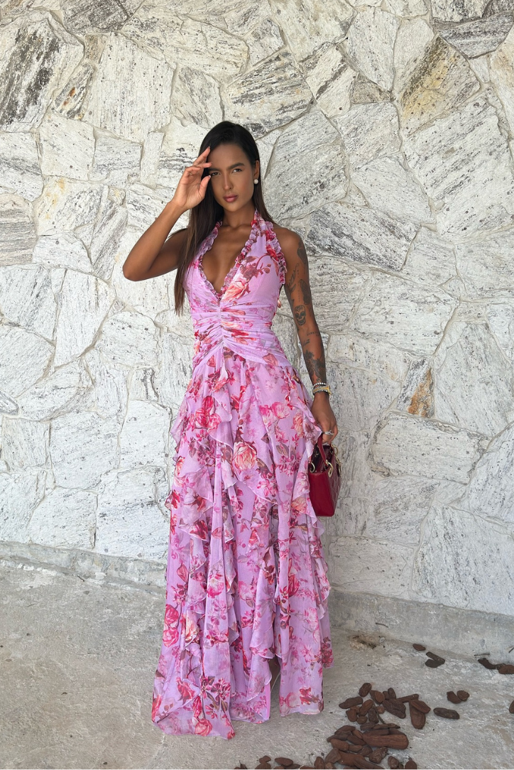 Belladina – Floral cascade – Halter neck maxi dress-15150249542016-Santi Vento Atelier