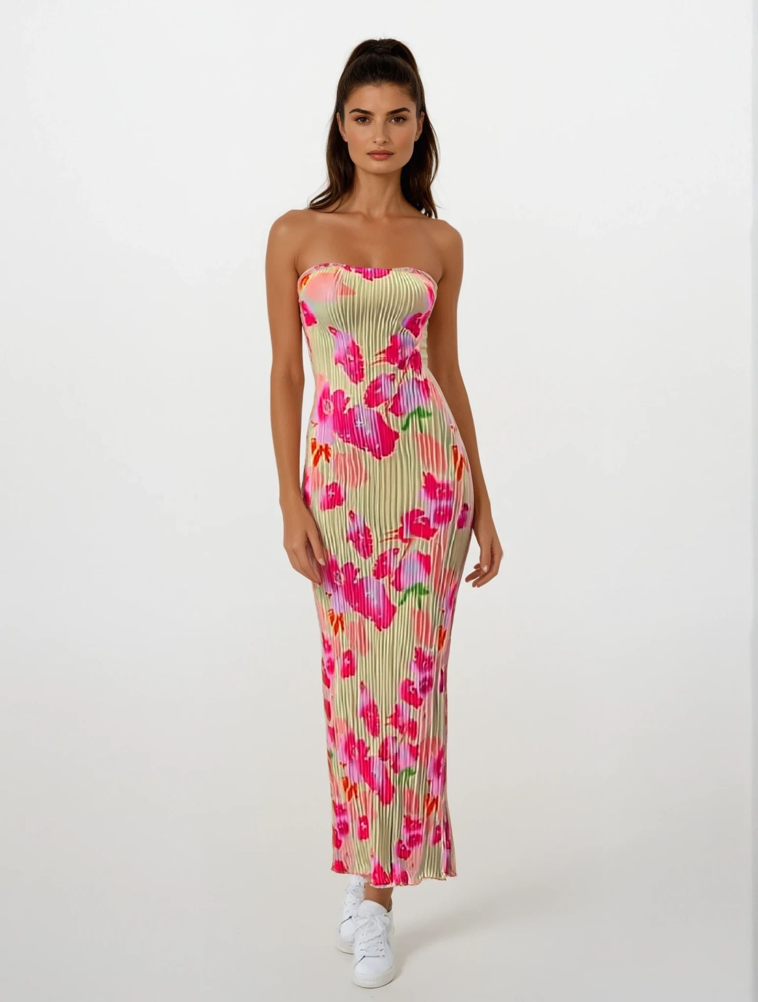 Bellaria – Neon bloom pleats – Strapless midi dress-15148418433408-Santi Vento Atelier