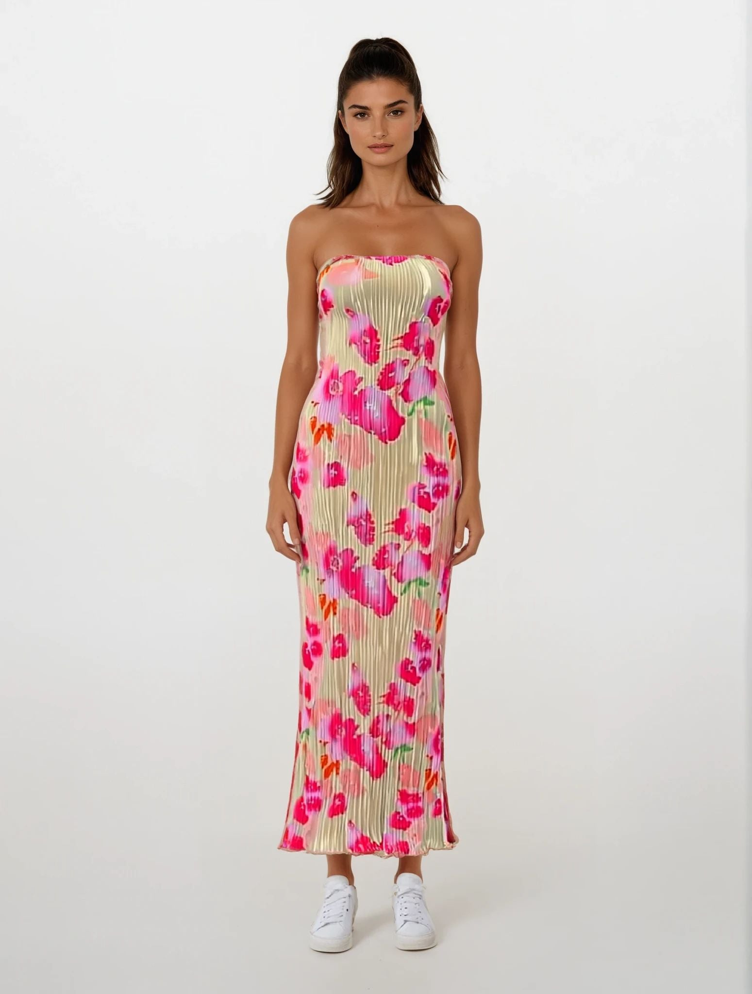 Bellaria – Neon bloom pleats – Strapless midi dress-15148418433408-Santi Vento Atelier
