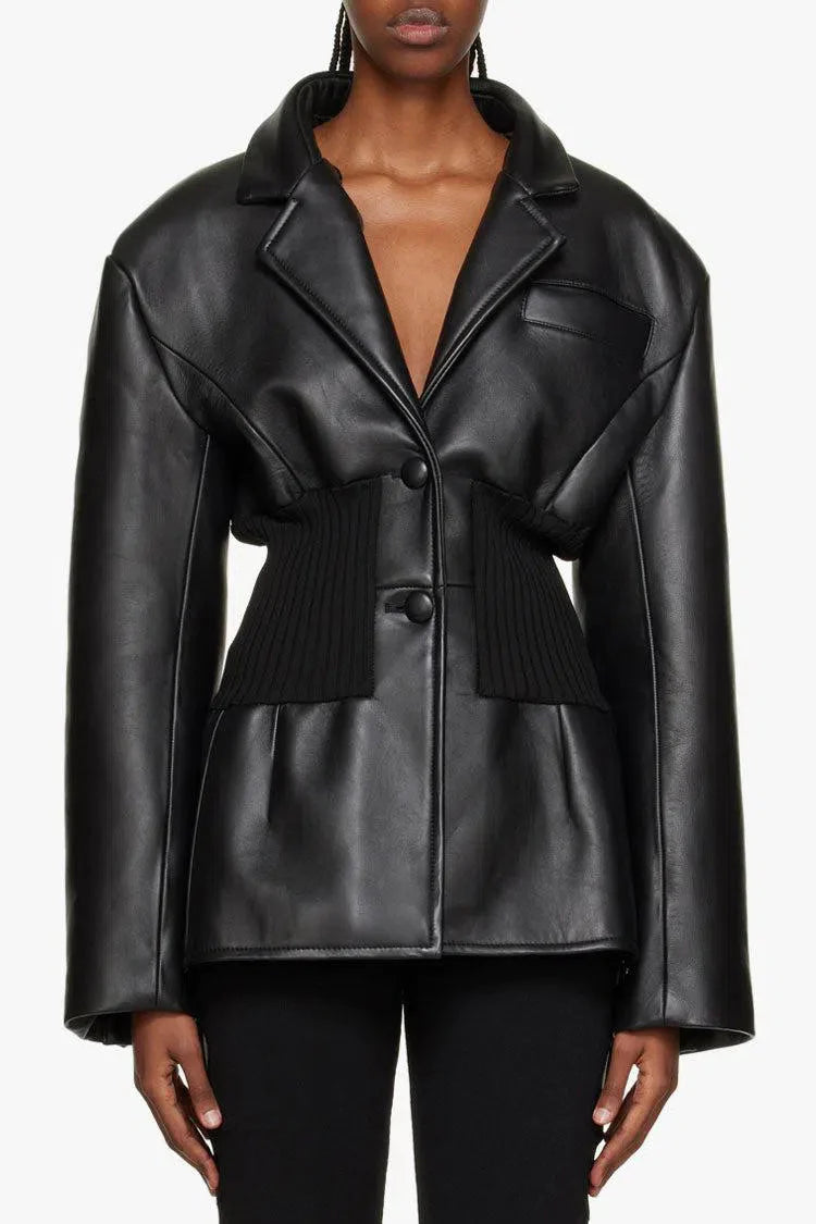 Bettina – Ribbed knit panels – Faux leather jacket-15137995522432-Santi Vento Atelier