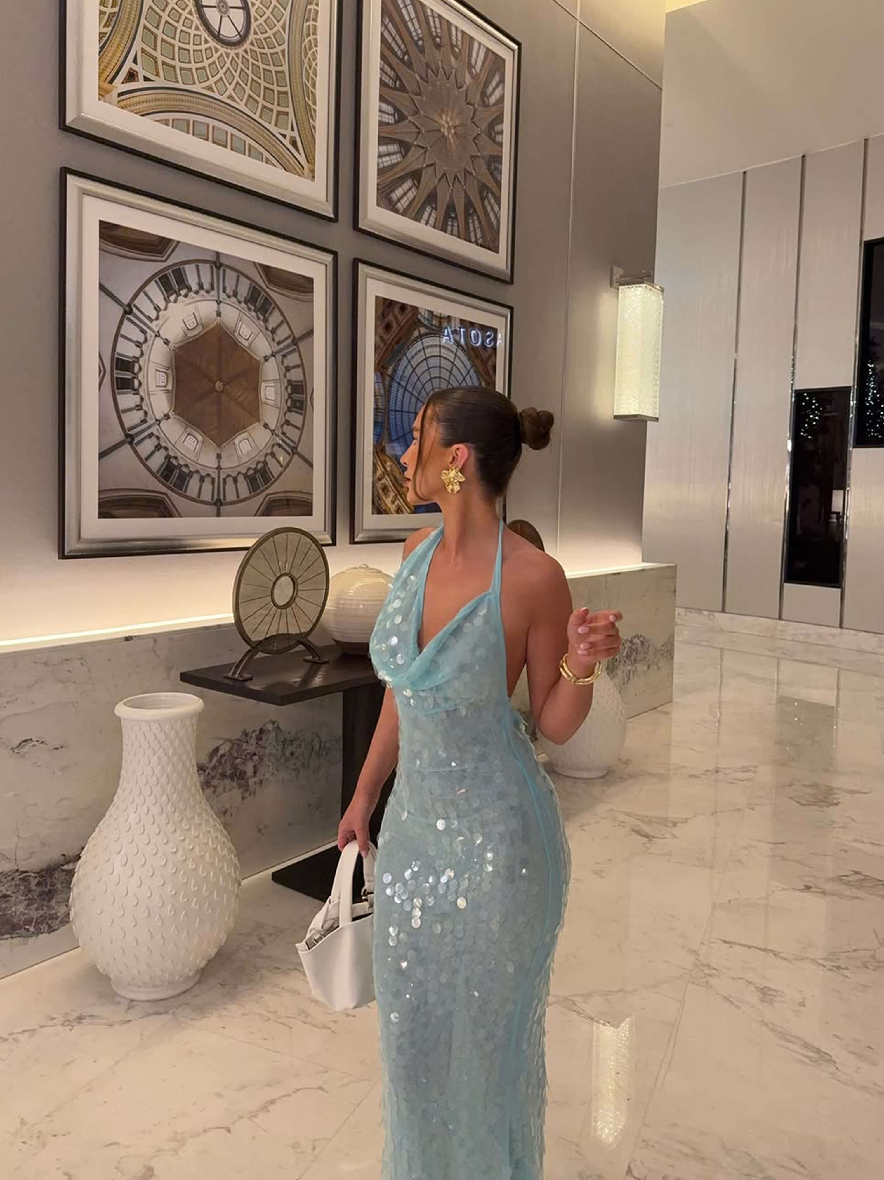 Celvarine – Iridescent sequin drape – Halter maxi dress-15157945762176-Santi Vento Atelier