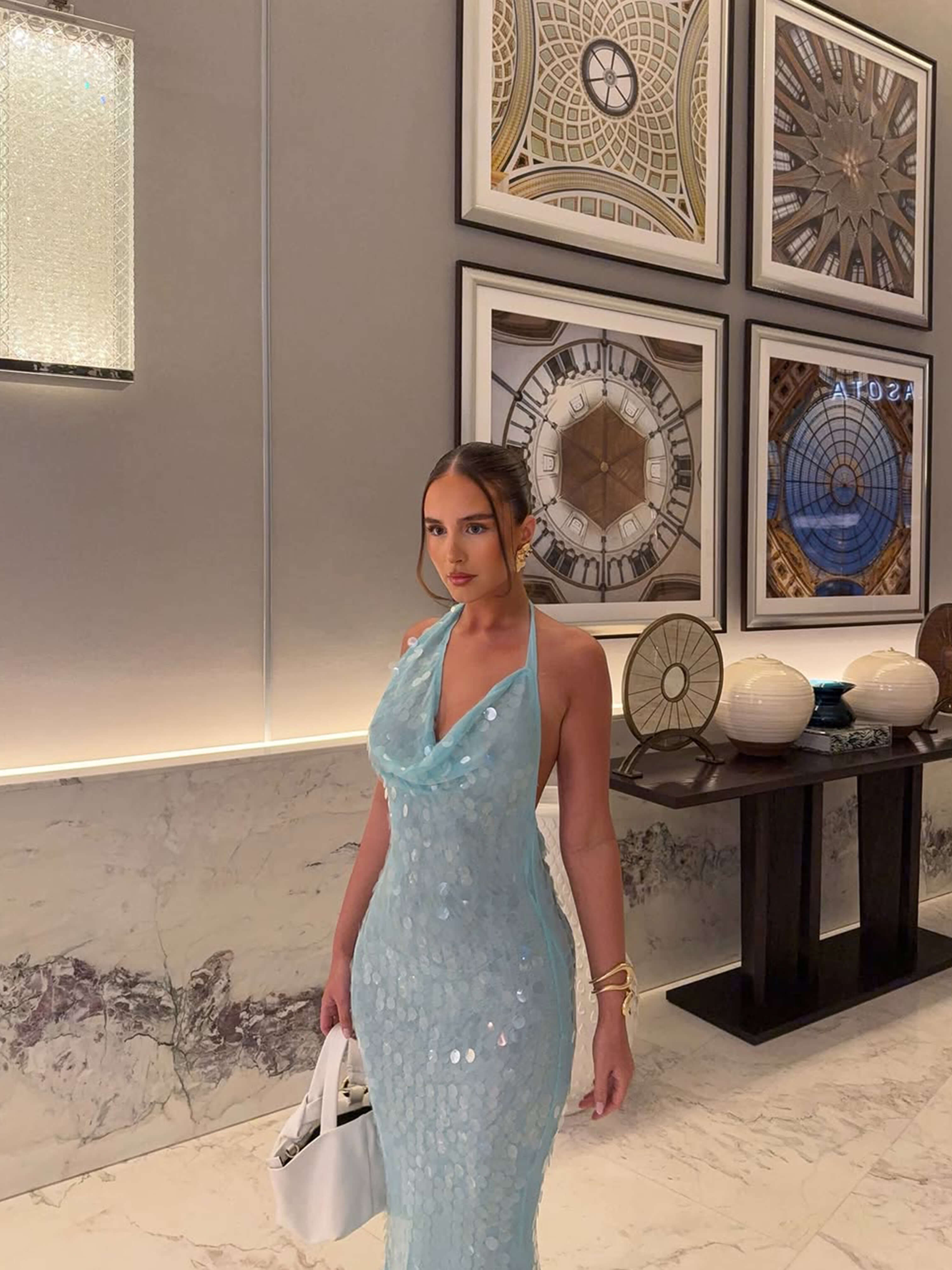 Celvarine – Iridescent sequin drape – Halter maxi dress-15157945762176-Santi Vento Atelier