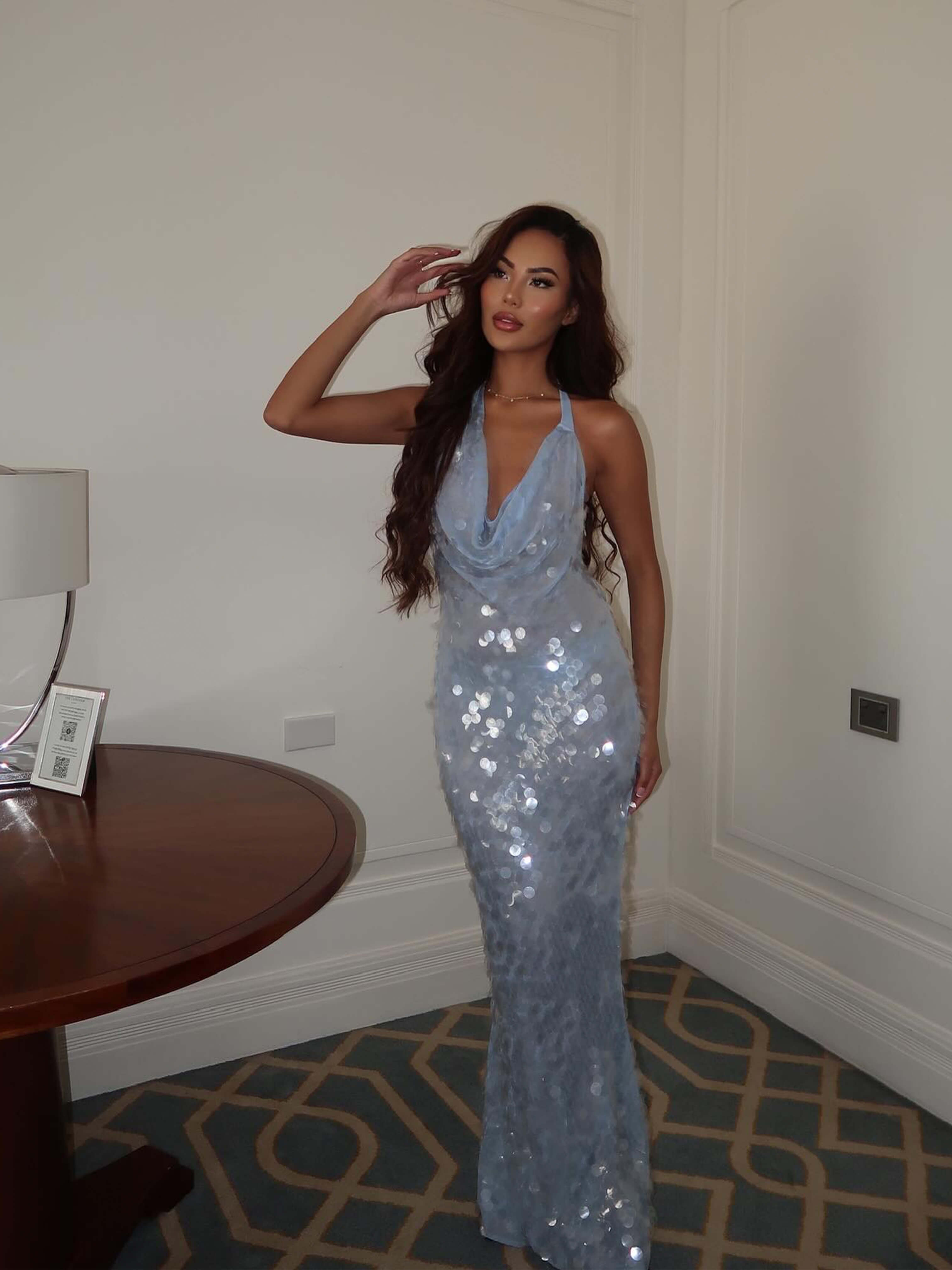 Celvarine – Iridescent sequin drape – Halter maxi dress-15157945762176-Santi Vento Atelier