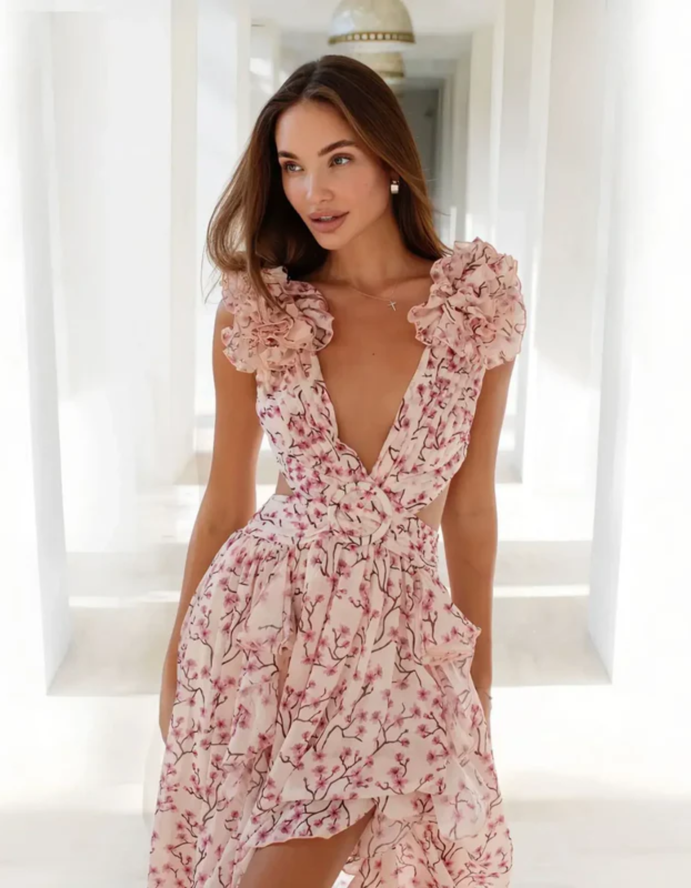 Coralisse – Ruffled coral print – Plunge maxi dress-15151288385920-Santi Vento Atelier