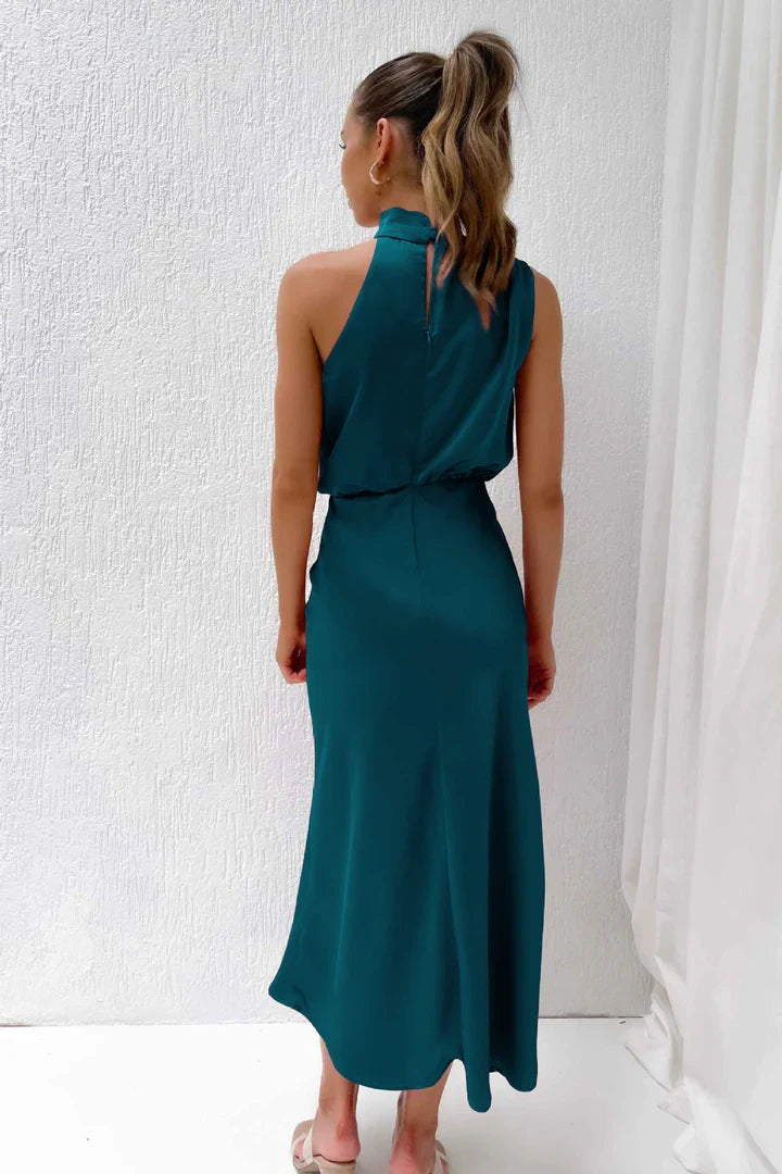 Daisy – Draped neckline – Satin midi dress-15150396932480-Santi Vento Atelier