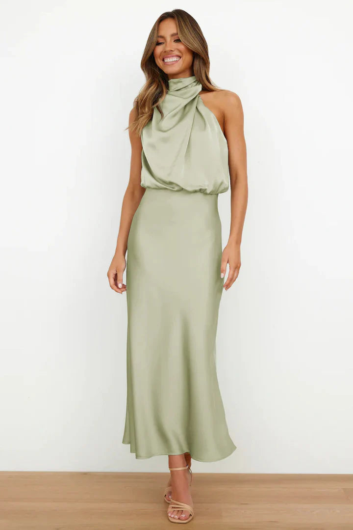 Daisy – Draped neckline – Satin midi dress-15150396932480-Santi Vento Atelier