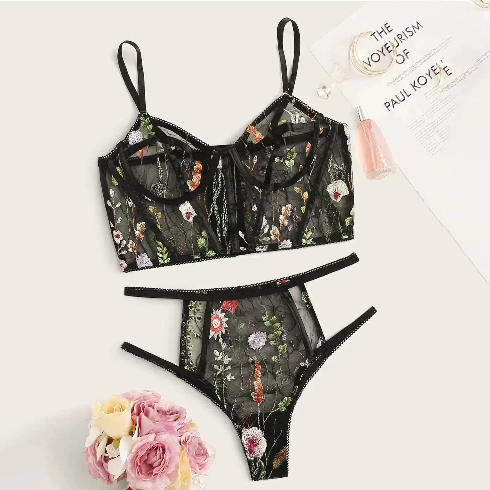 Enchanted Garden – Floral embroidery – Lace bra set-15138004959616-Santi Vento Atelier