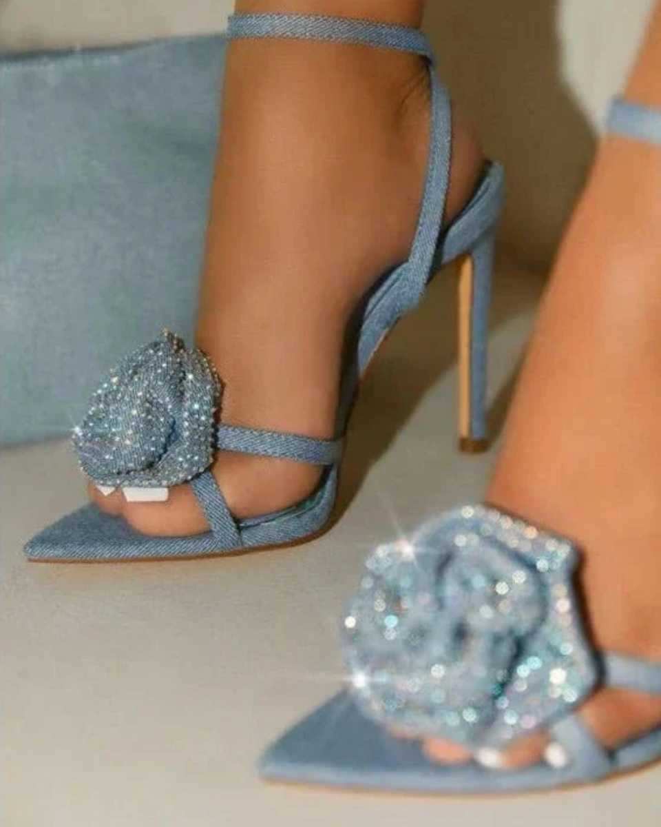 Flavie – Floral embellishment – Denim rose stiletto heels-15137993458048-Santi Vento Atelier