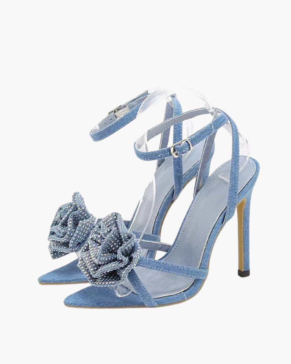 Flavie – Floral embellishment – Denim rose stiletto heels-15137993458048-Santi Vento Atelier