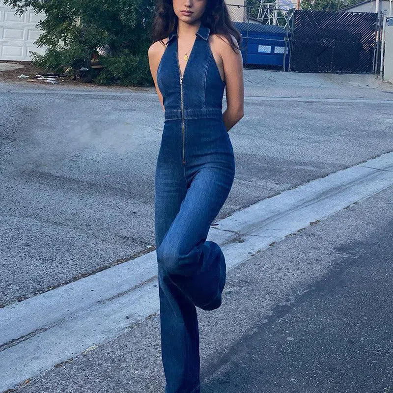 Gabrielle – V-neckline – Denim jumpsuit-15140896375168-Santi Vento Atelier