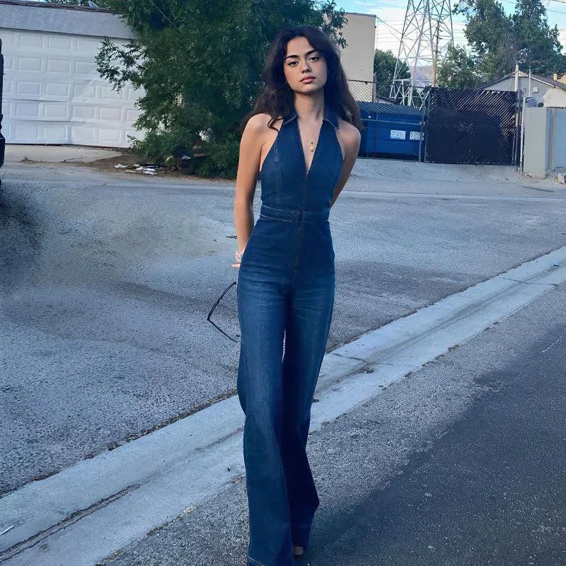 Gabrielle – V-neckline – Denim jumpsuit-15140896375168-Santi Vento Atelier