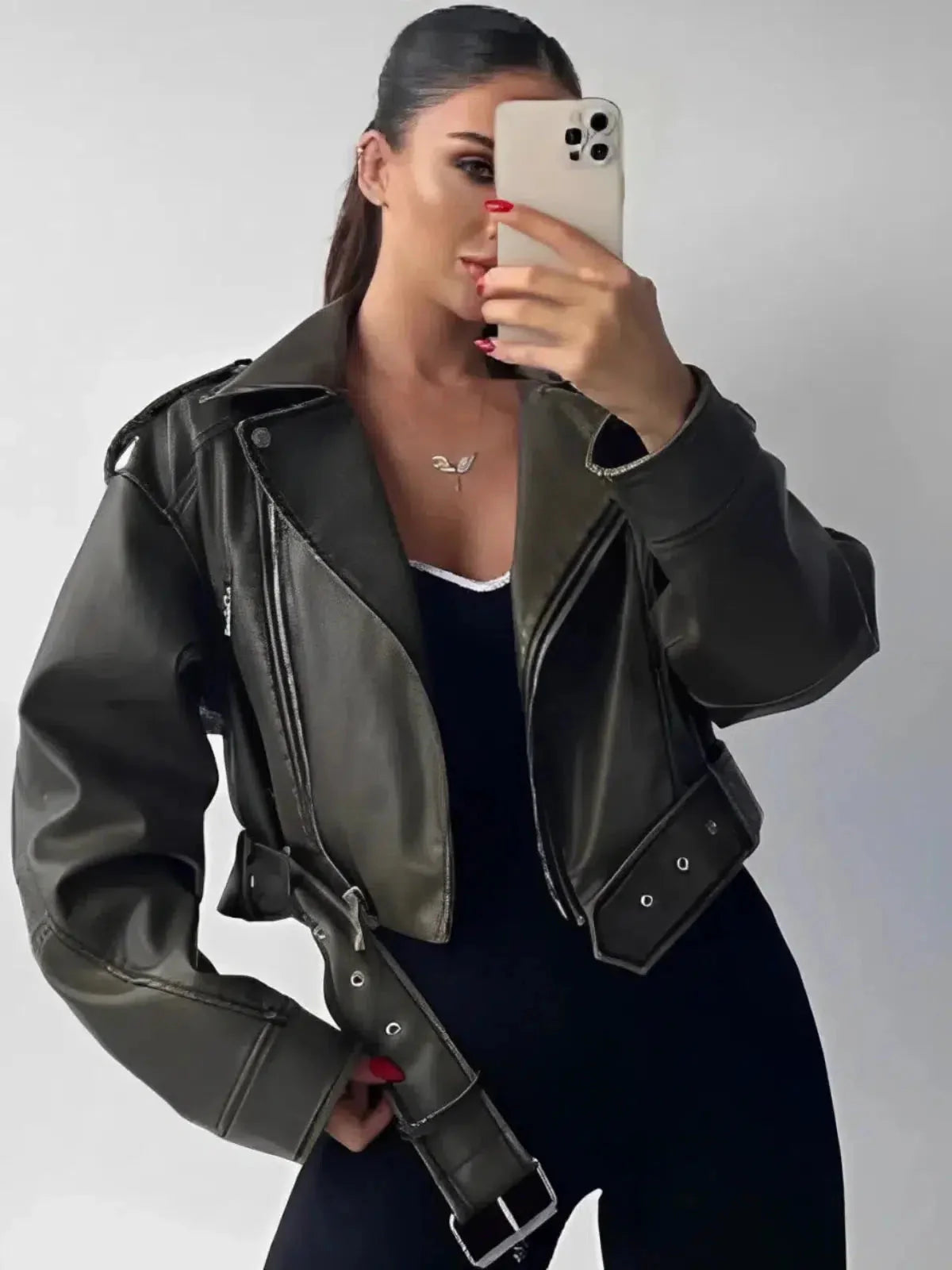 Isla – Cropped fitted design – Belted biker jacket-15137995555200-Santi Vento Atelier