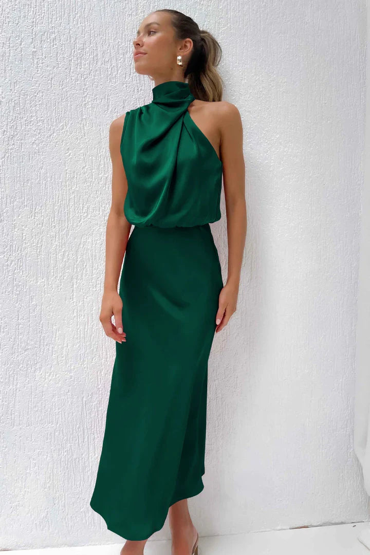 Daisy – Draped neckline – Satin midi dress-15150396932480-Santi Vento Atelier