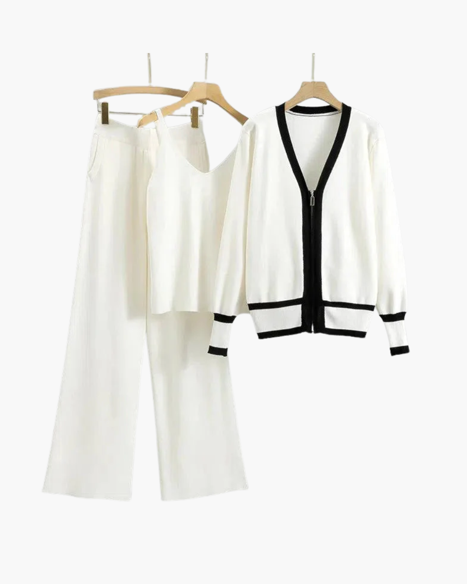 Marguerite – V-neck zip-up cardigan – Three-piece knit set-15140896211328-Santi Vento Atelier