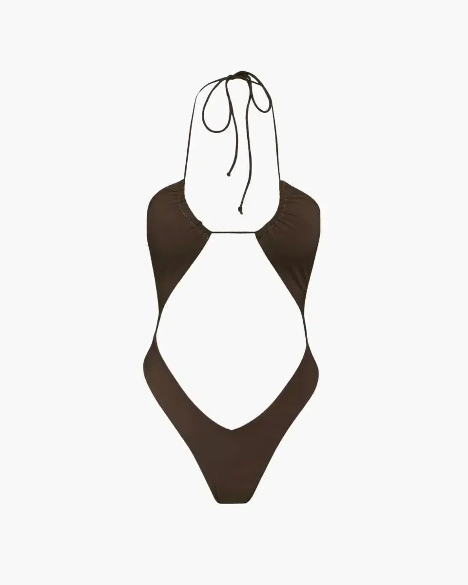 Nixie – V-cut bottom – Espresso one-piece swimsuit-15138007613824-Santi Vento Atelier