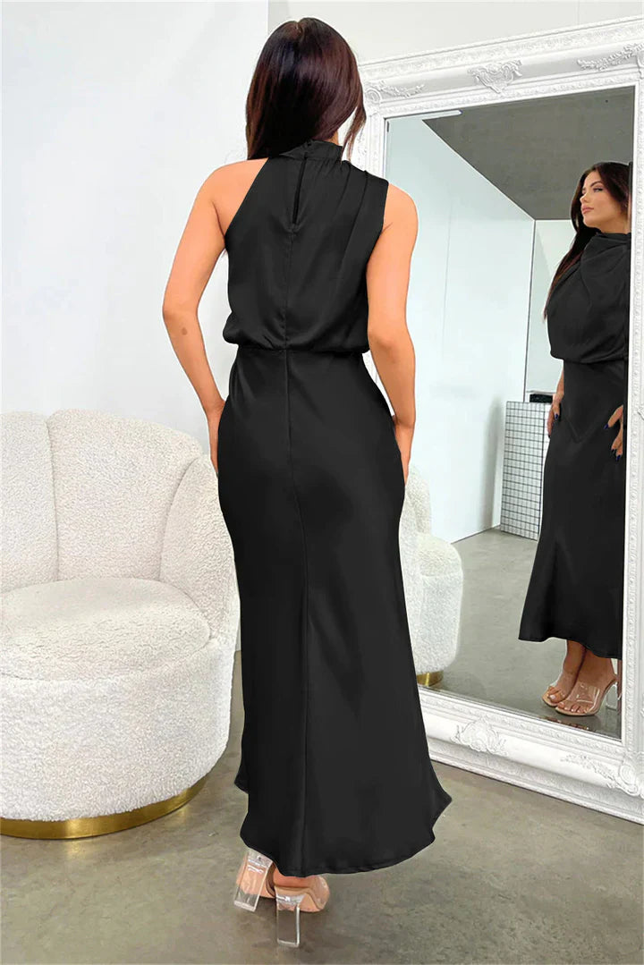 Daisy – Draped neckline – Satin midi dress-15150396932480-Santi Vento Atelier