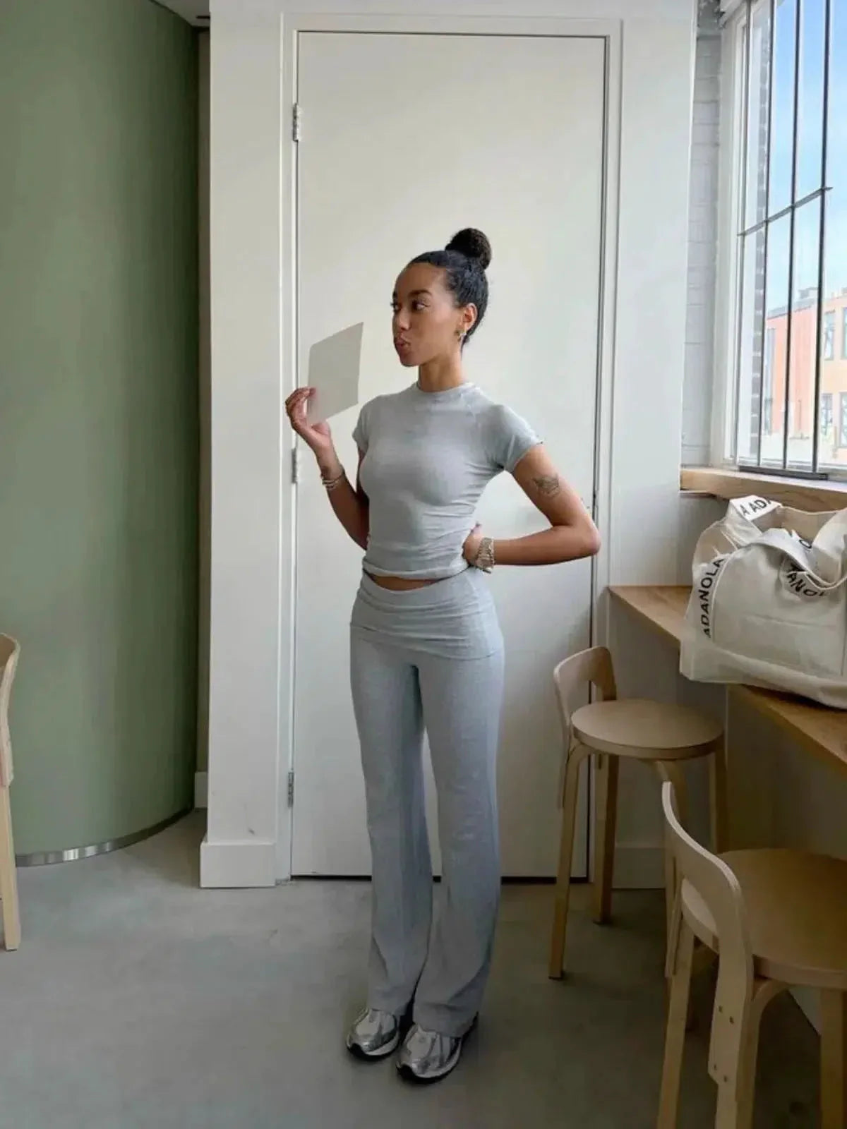 Ovidia – Slim-fit top & high-waist flare pants – Two-piece set-15141242241408-Santi Vento Atelier