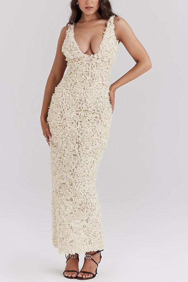 Rosavine – Textured floral – Deep plunge gown-15151287632256-Santi Vento Atelier
