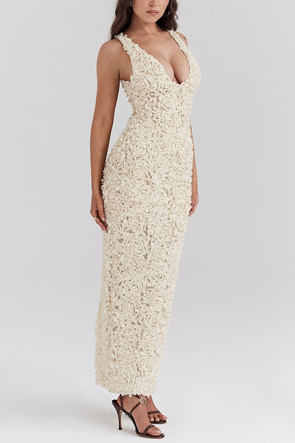 Rosavine – Textured floral – Deep plunge gown-15151287632256-Santi Vento Atelier