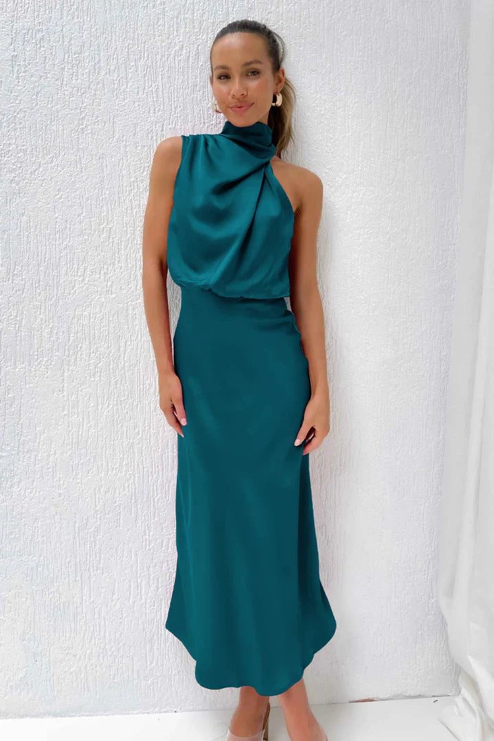 Daisy – Draped neckline – Satin midi dress-15150396932480-Santi Vento Atelier