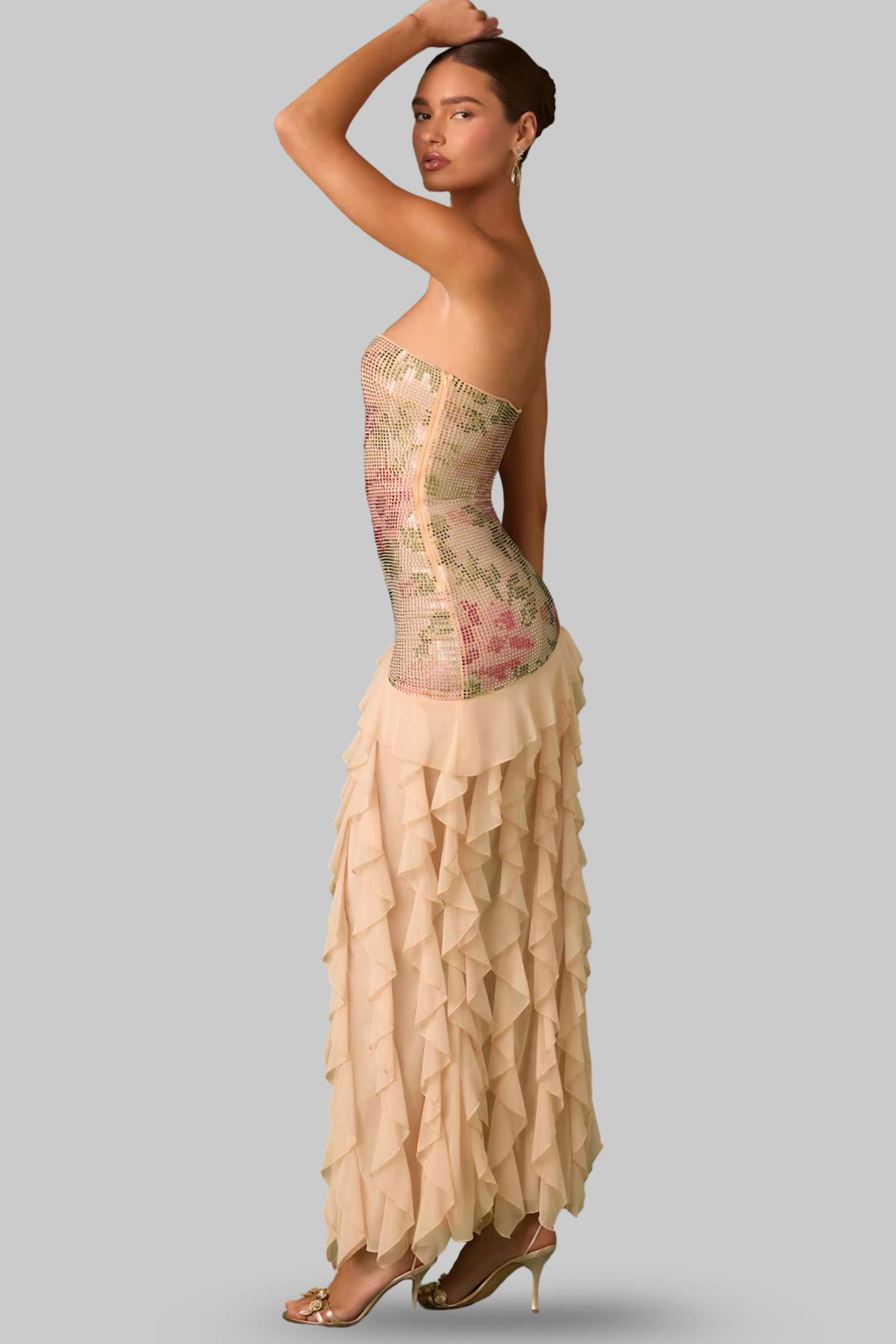 Seraphielle – Floral mesh – Ruffle high slit gown-15150994620800-Santi Vento Atelier