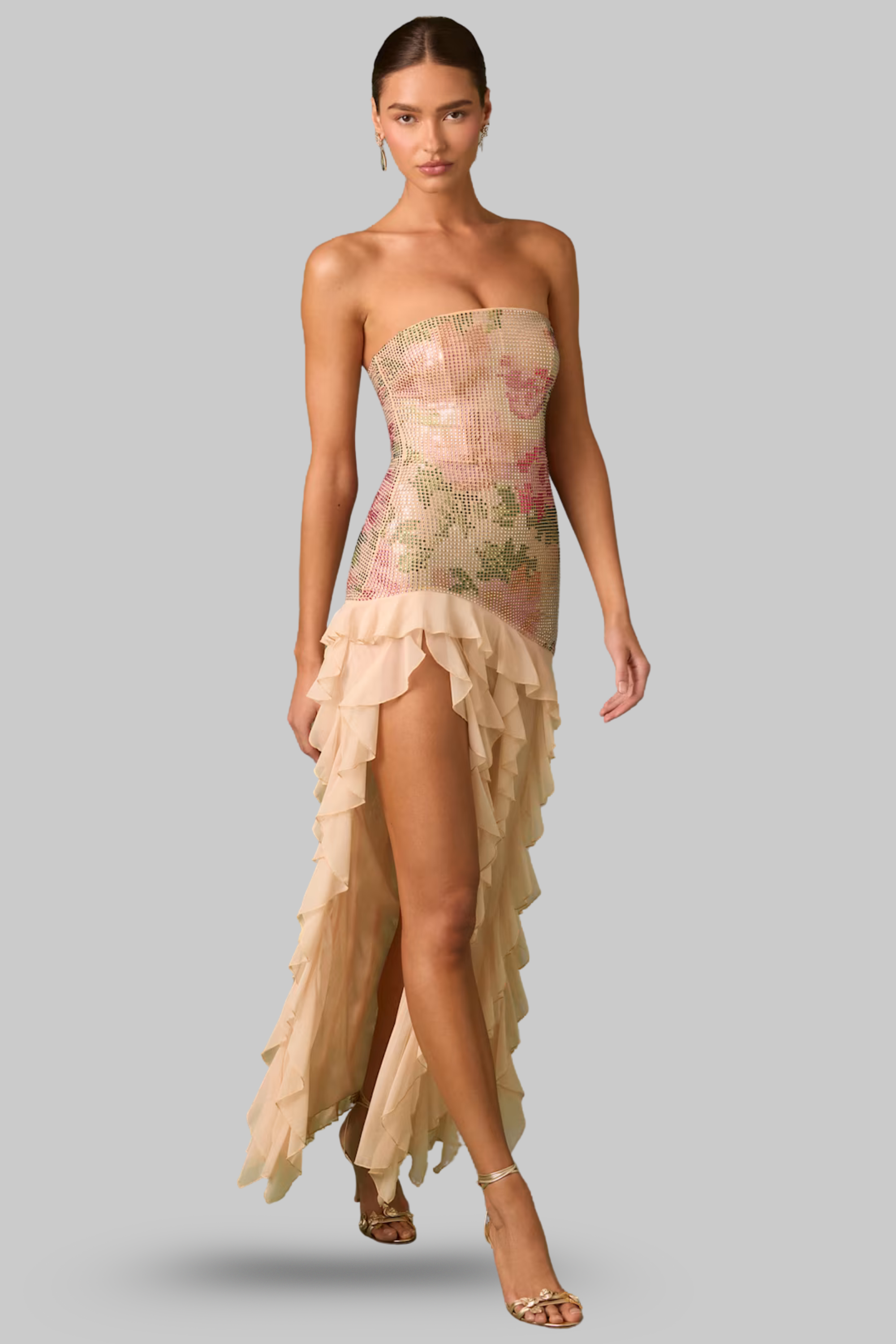 Seraphielle – Floral mesh – Ruffle high slit gown-15150994620800-Santi Vento Atelier