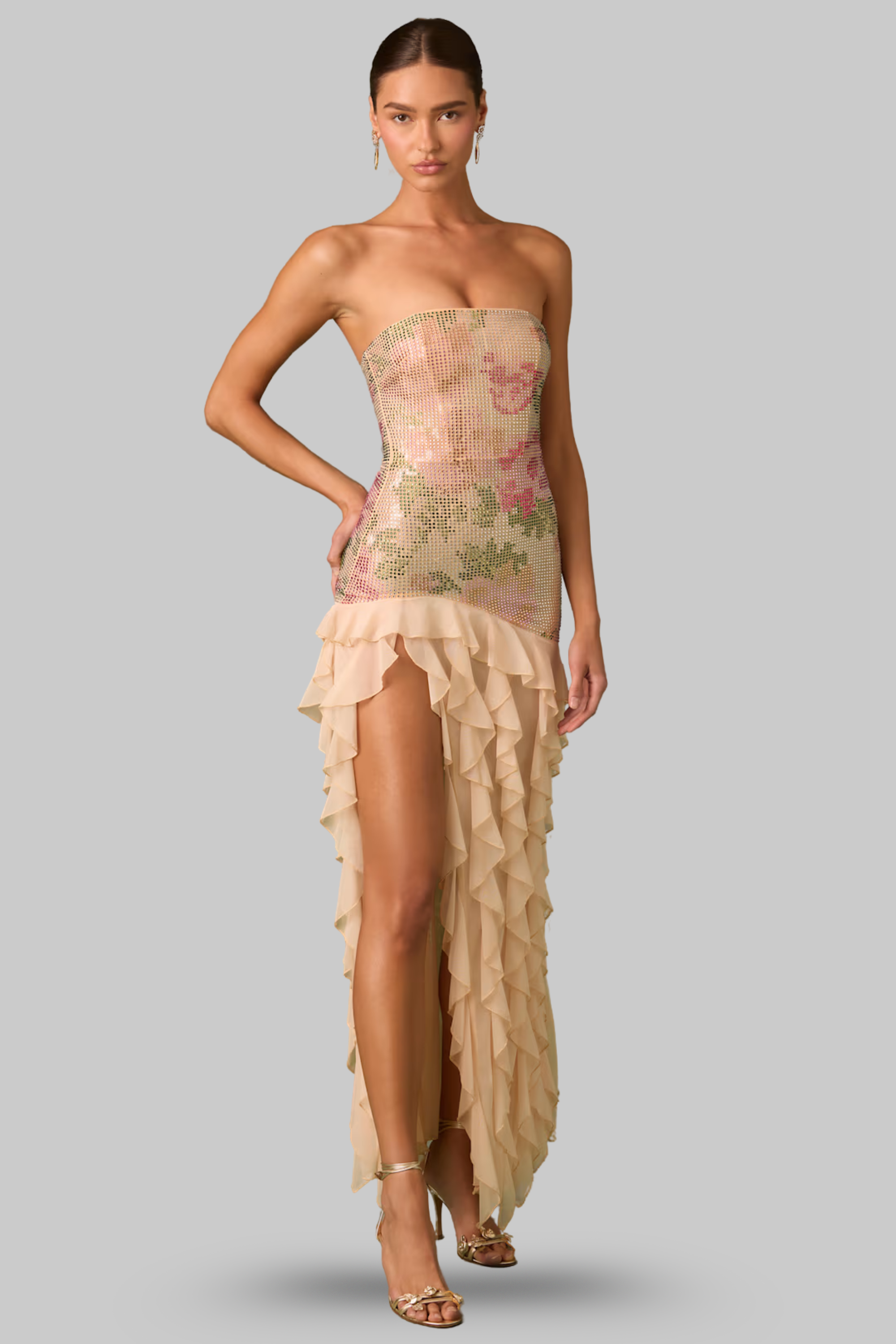 Seraphielle – Floral mesh – Ruffle high slit gown-15150994620800-Santi Vento Atelier