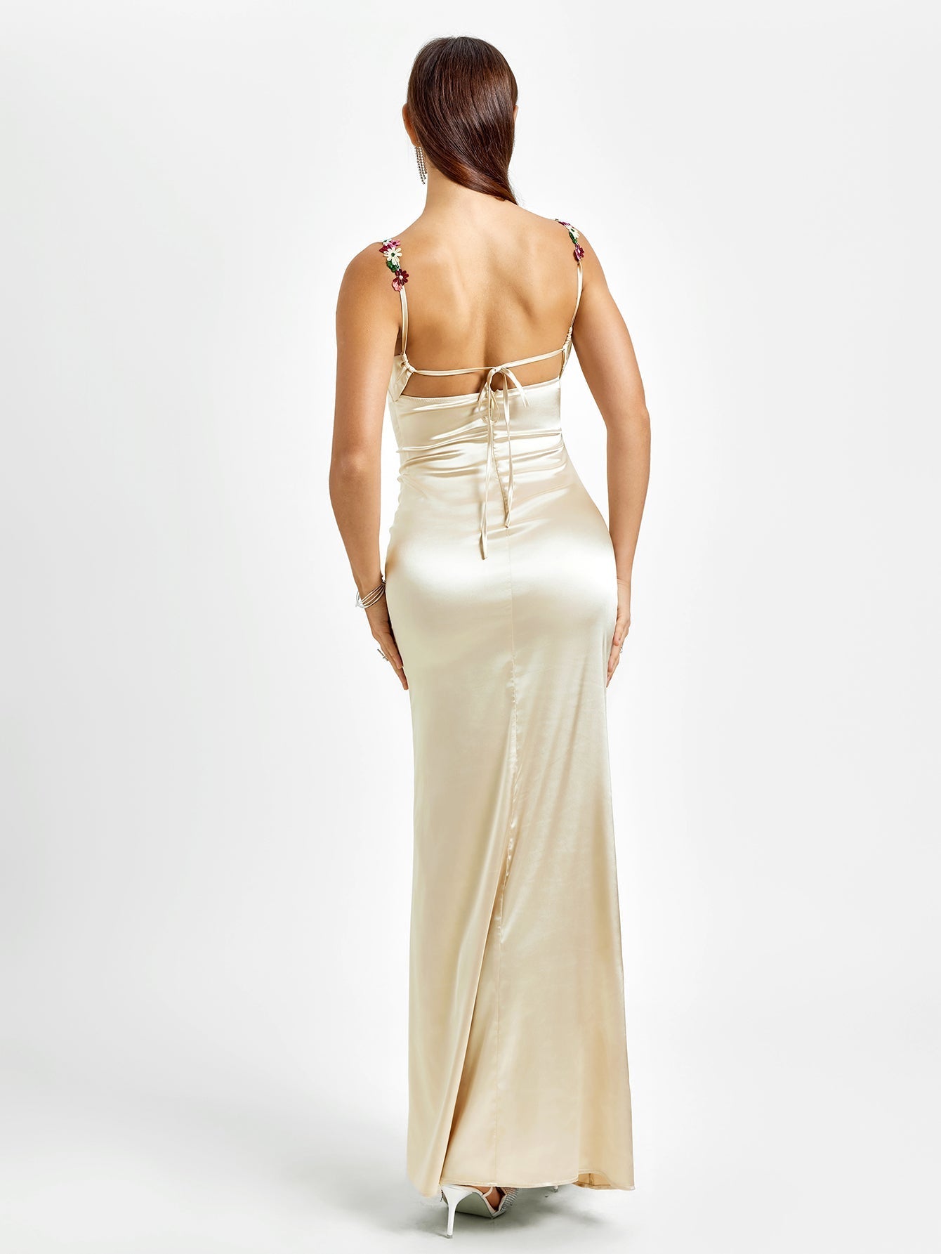 Solennea – Floral strap detail – Satin maxi dress-15146315022720-Santi Vento Atelier