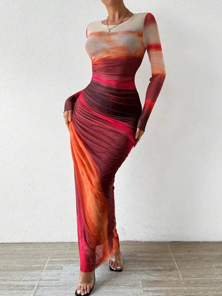 Solvarine – Sunset mesh – Long sleeve bodycon dress-15151279210880-Santi Vento Atelier