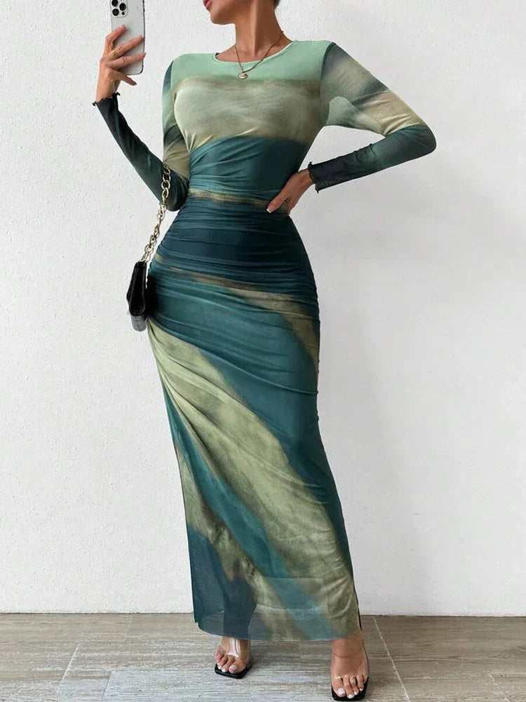 Solvarine – Sunset mesh – Long sleeve bodycon dress-15151279210880-Santi Vento Atelier