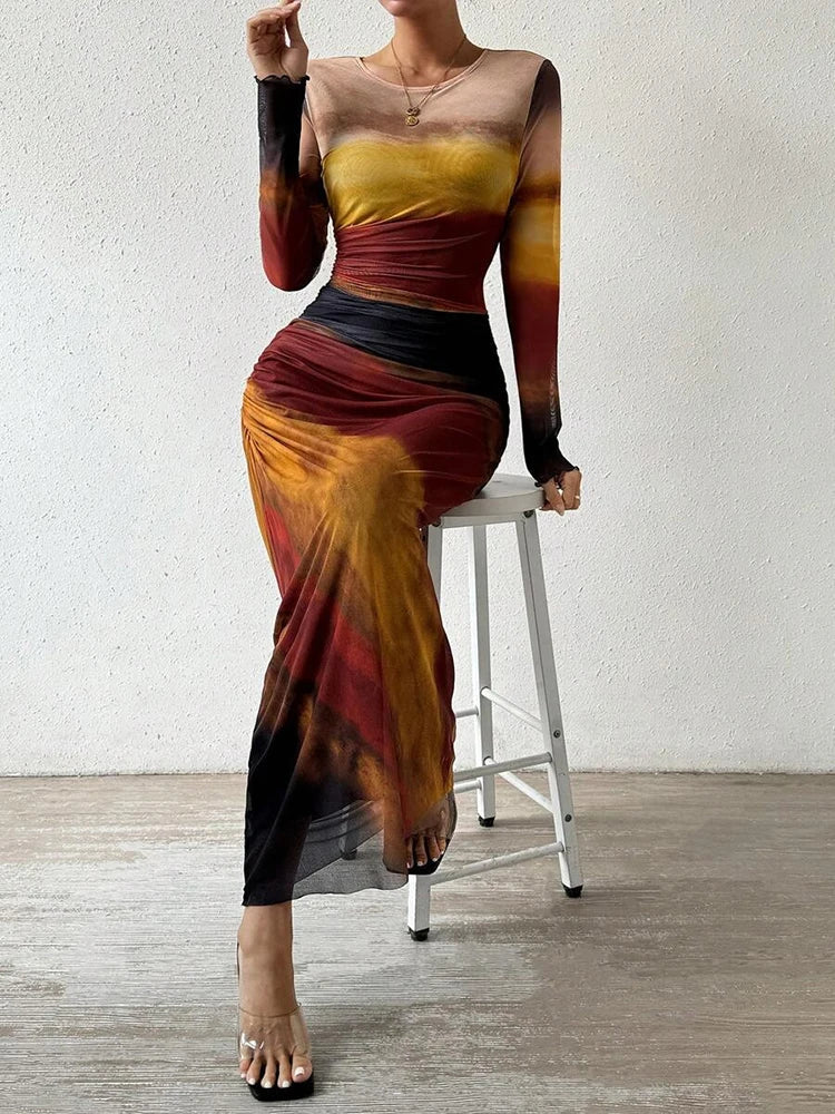 Solvarine – Sunset mesh – Long sleeve bodycon dress-15151279210880-Santi Vento Atelier