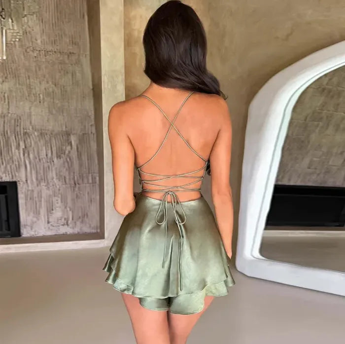 Rouzette – Satin flare – Cowl neck romper dress-15148419285376-Santi Vento Atelier